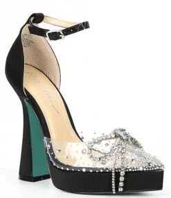 Blue By Betsey Johnson Cher Satin Rhinestone Bow Platform Pumps