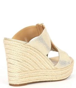 Michael Kors Bradley Metallic Linen Zip Espadrille Platform Wedge Sandals