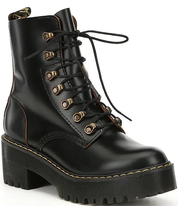 Dr. Martens Leona Smooth Leather Chunky Lug Sole Platform Heel Combat Boots 4 Dr. Martens Leona Smooth Leather Chunky Lug Sole Platform Heel Combat Boots - Afbeelding 2