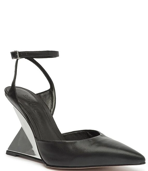 Schutz Janice Leather Pointed Toe Ankle Strap Metal Architectural Wedge Pumps 5 Schutz Janice Leather Pointed Toe Ankle Strap Metal Architectural Wedge Pumps - Afbeelding 3