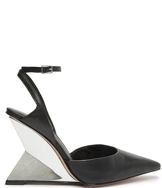 Schutz Janice Leather Pointed Toe Ankle Strap Metal Architectural Wedge Pumps 6 Schutz Janice Leather Pointed Toe Ankle Strap Metal Architectural Wedge Pumps - Afbeelding 4