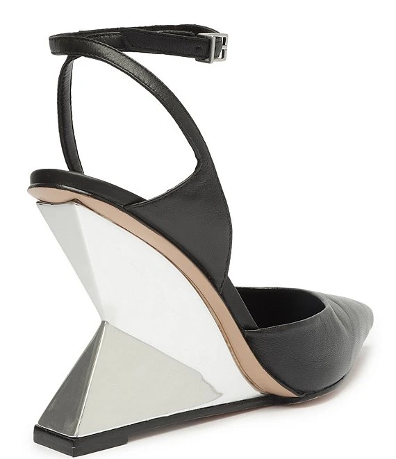 Schutz Janice Leather Pointed Toe Ankle Strap Metal Architectural Wedge Pumps 4 Schutz Janice Leather Pointed Toe Ankle Strap Metal Architectural Wedge Pumps - Afbeelding 2