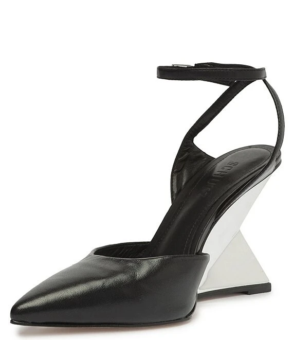 Schutz Janice Leather Pointed Toe Ankle Strap Metal Architectural Wedge Pumps 7 Schutz Janice Leather Pointed Toe Ankle Strap Metal Architectural Wedge Pumps - Afbeelding 5